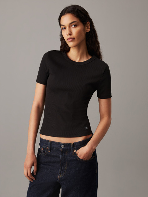 Μαύρο Βαμβακερό Ριπ T-shirt Σε Ίσια Γραμμή  Γυναίκα