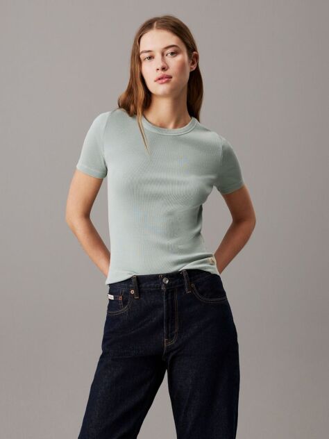 Grey Washed Ribbed Cotton T-shirt  Women