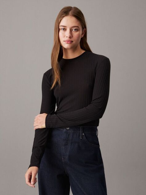 Black Semi Sheer Rib Long Sleeve Top  Women