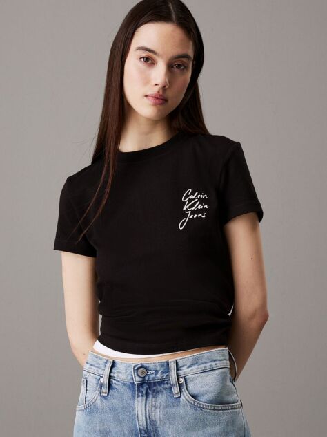 Μαύρο T-shirt Με Λογότυπο Σε Στενή Γραμμή  Γυναίκα