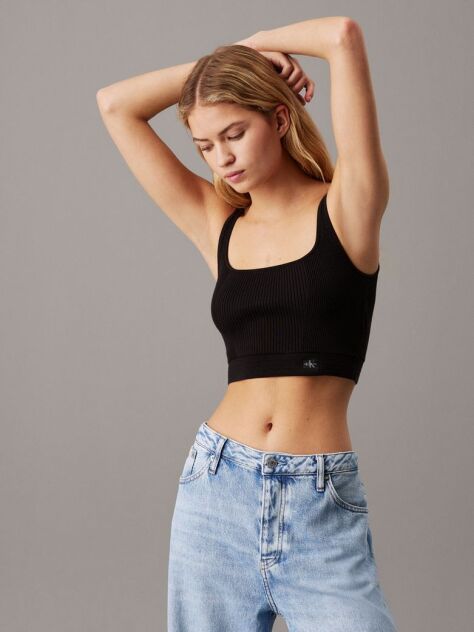 Black Ribbed Cotton Bralette Top  Women