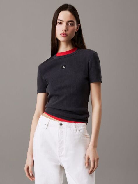 Black Slim Ribbed Cotton T-shirt  Women