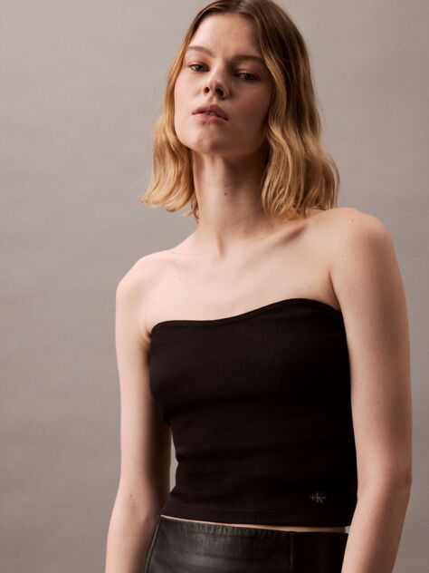 Black Ribbed Cotton Strapless Top  Women