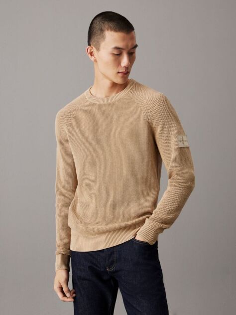 Beige Waffle Cotton Badge Jumper  Men