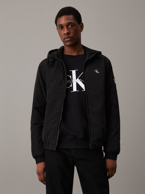 Black Nylon Hooded Zip Up Jacket  Men