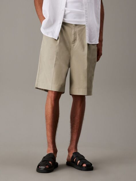 Beige Pleated Twill Bermuda Shorts  Men