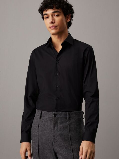 Black Poplin Stretch Fitted Shirt  Men