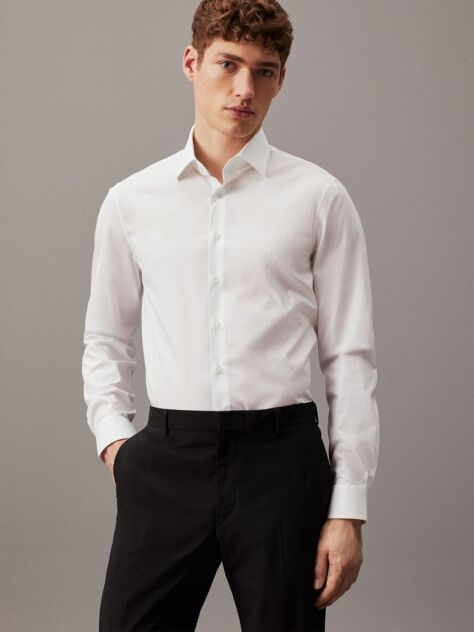 White Poplin Stretch Fitted Shirt  Men