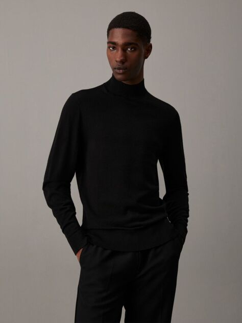Black Merino Wool Mock Neck Jumper  Men
