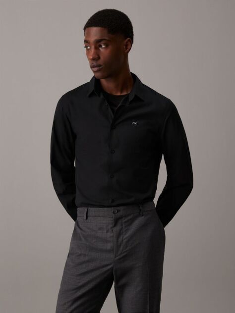 Black Slim Poplin Stretch Shirt  Men