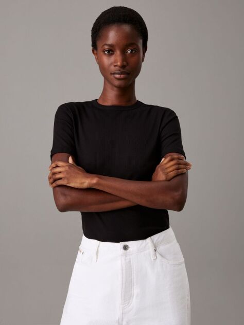 Μαύρο Ριμπ T-Shirt Σε Slim Γραμμή Από Modal  Γυναίκα