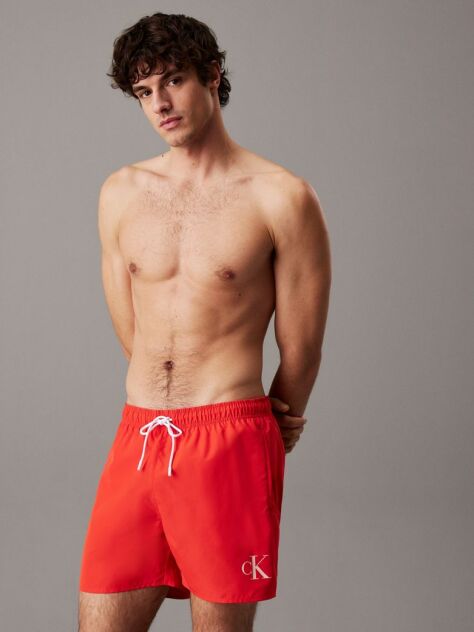 Red Medium Drawstring Swim Shorts - CK Monogram  Men