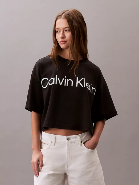 Μαύρο Cropped T-Shirt Σε Boxy Γραμμή Με Λογότυπο  Γυναίκα