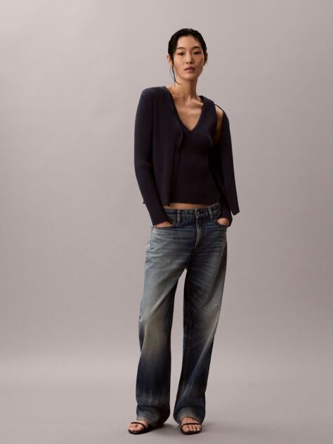 Blue Long Sleeve Cardigan With Ribbed Tank Top Set  Women