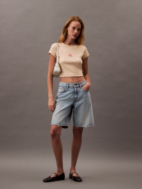 Ροζ Cropped T-shirt Με Μονόγραμμα Σε Στενή Γραμμή  Γυναίκα