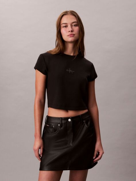 Μαύρο Cropped T-shirt Με Μονόγραμμα Σε Στενή Γραμμή  Γυναίκα