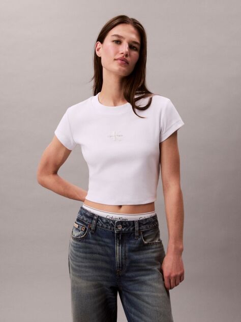 Λευκό Cropped T-shirt Με Μονόγραμμα Σε Στενή Γραμμή  Γυναίκα