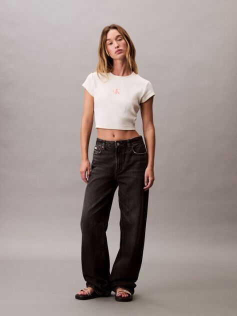 Λευκό Cropped T-shirt Με Μονόγραμμα Σε Στενή Γραμμή  Γυναίκα