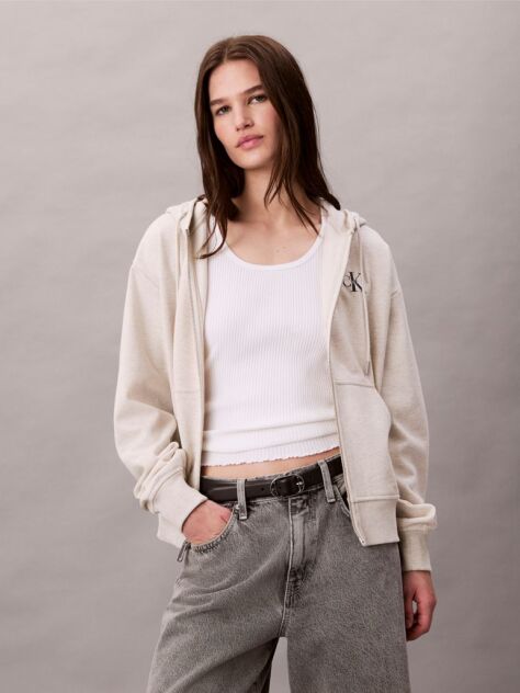 Μπεζ Hoodie με Φερμουάρ Και Λογότυπο  Γυναίκα