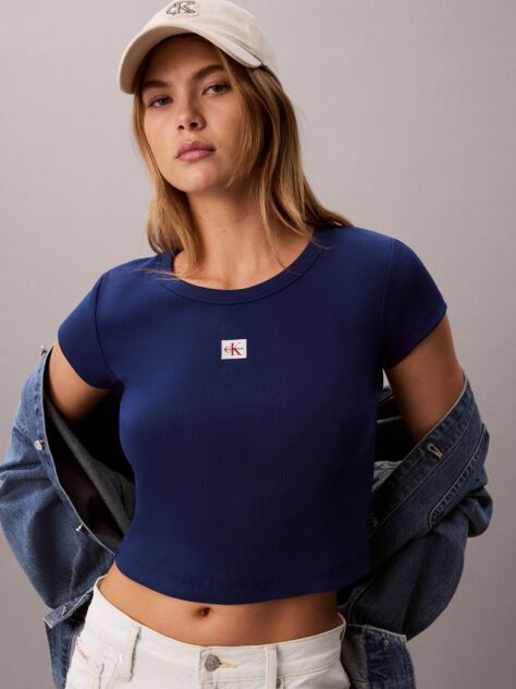 Blue Slim Ribbed Cotton Badge T-shirt  Women