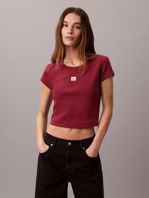 Red Slim Ribbed Cotton Badge T-shirt  Women