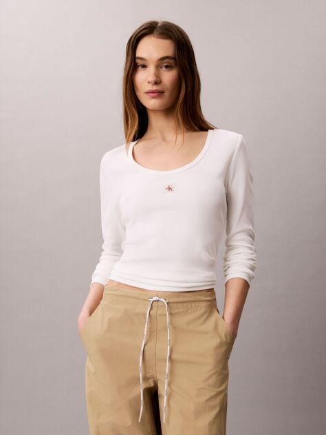 White Ribbed Cotton Long Sleeve Top  Women