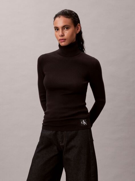 Black Woven Label Roll Neck  Women