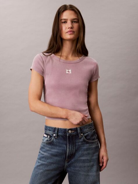 Pink Slim Ribbed Washed Cotton T-shirt  Women