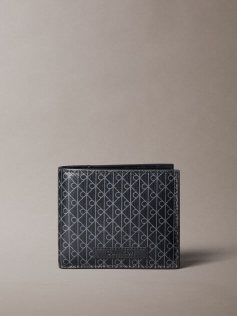 Black Allover Emblem Logo Bifold Wallet with Coin Pouch  Men