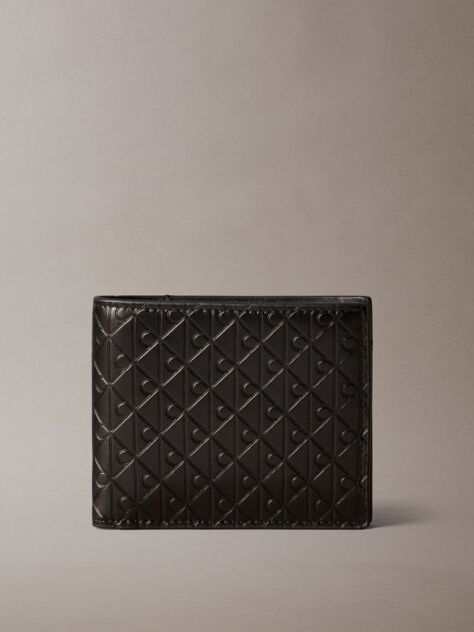 Black Embossed Allover Monogram Bifold Wallet with Coin Pouch  Men