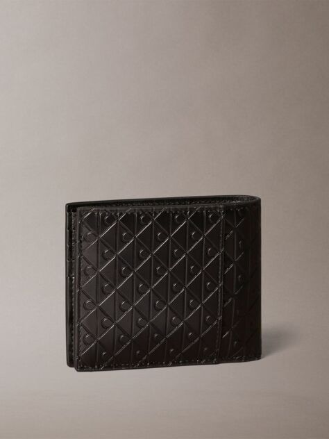 Black Embossed Allover Monogram Bifold Wallet with Coin Pouch  Men