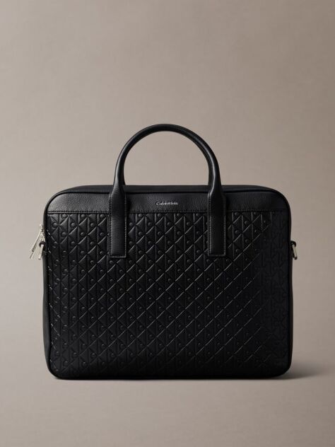 Black Embossed Monogram Logo Laptop Bag  Men