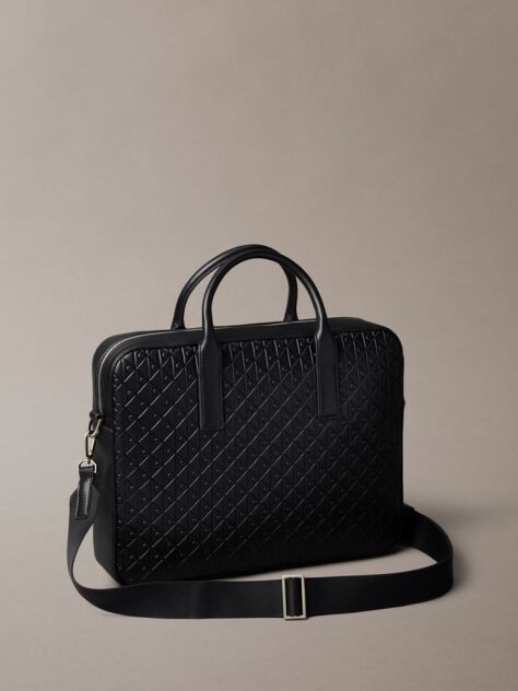 Black Embossed Monogram Logo Laptop Bag  Men