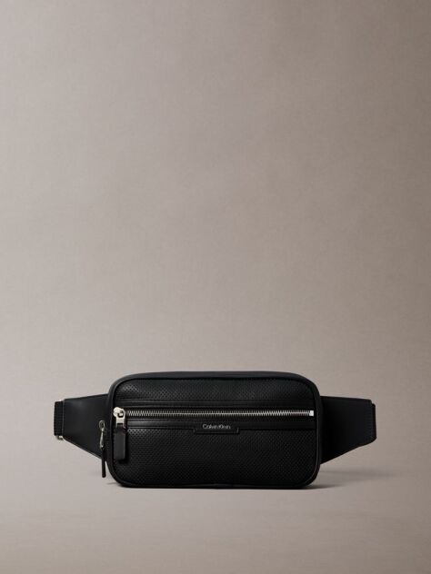 Black Perforated Faux Leather Bum Bag  Men