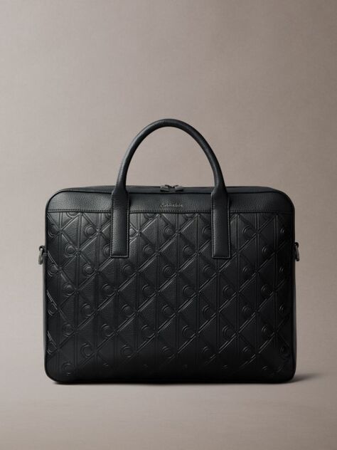Black Debossed Allover Emblem Logo Commuter Bag  Men