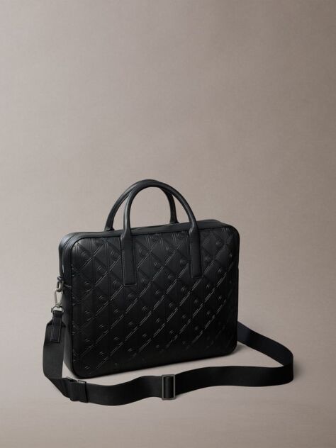 Black Debossed Allover Emblem Logo Commuter Bag  Men