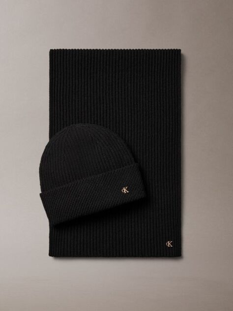 Black Wool Blend Scarf and Beanie Gift Set  Women