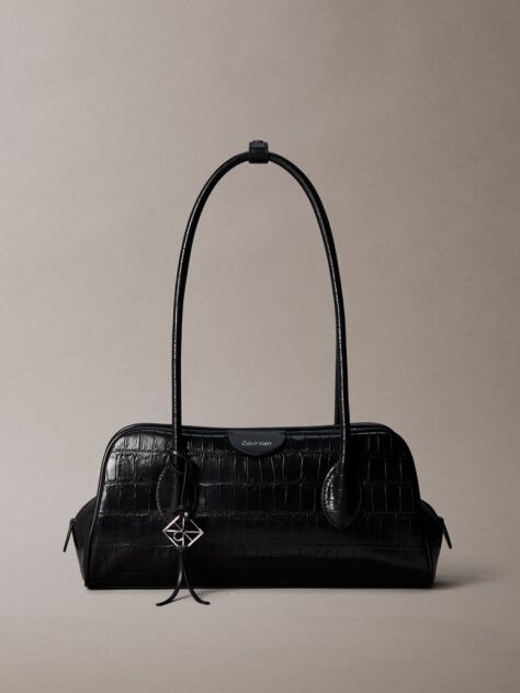 Black Emblem Logo Crocodile Shoulder Bag  Women