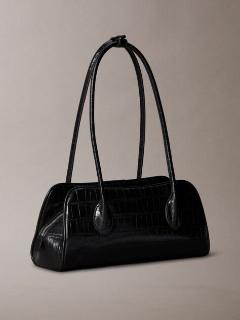 Black Emblem Logo Crocodile Shoulder Bag  Women