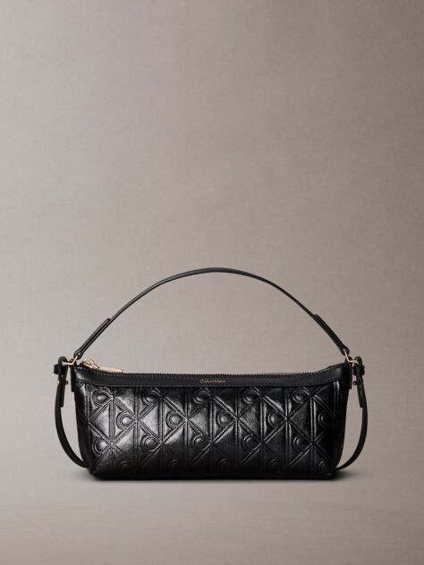 Black Debossed Allover Emblem Logo Long Shoulder Bag  Women