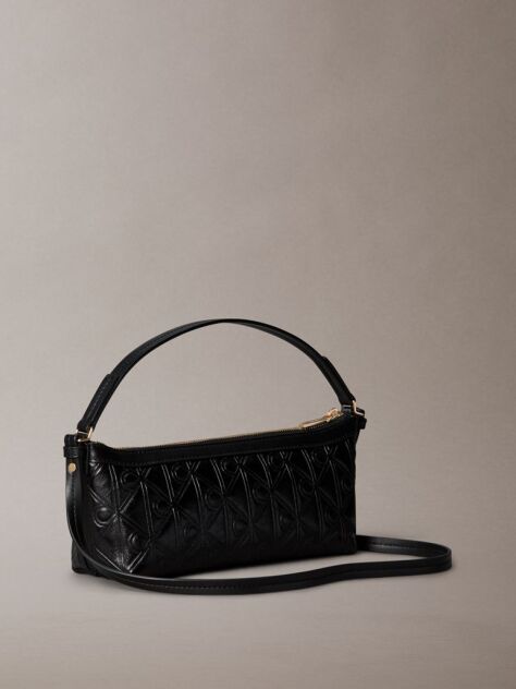 Black Debossed Allover Emblem Logo Long Shoulder Bag  Women