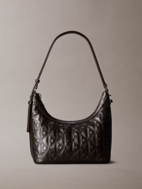 Brown Debossed Allover Emblem Logo Small Shoulder Bag  Women