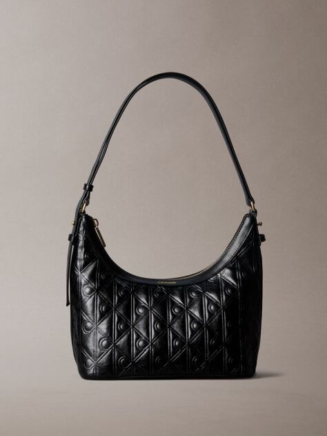 Black Debossed Allover Emblem Logo Small Shoulder Bag  Women