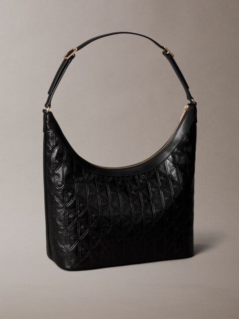 Black Debossed Allover Emblem Logo Shoulder Bag  Women
