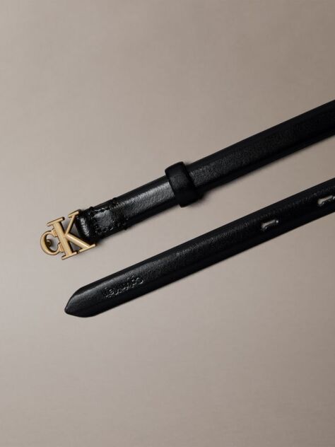 Black Full Grain Leather Skinny Logo Belt  Women