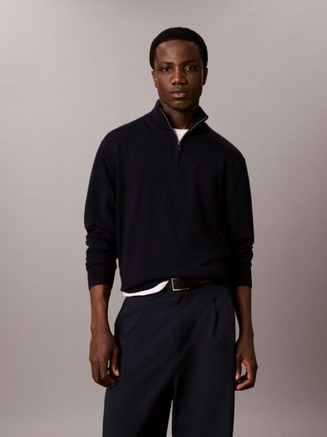 Blue Merino Wool Quarter Zip Jumper  Men
