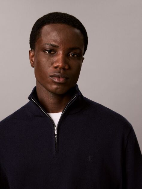 Blue Merino Wool Quarter Zip Jumper  Men
