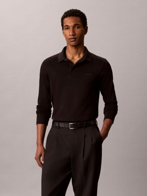 Black Slim Cotton Long Sleeve Polo Shirt  Men