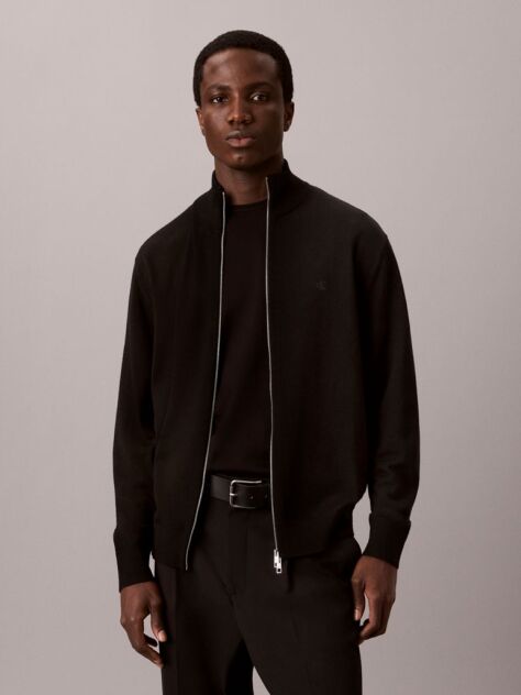 Black Merino Wool Zip-Up Cardigan  Men