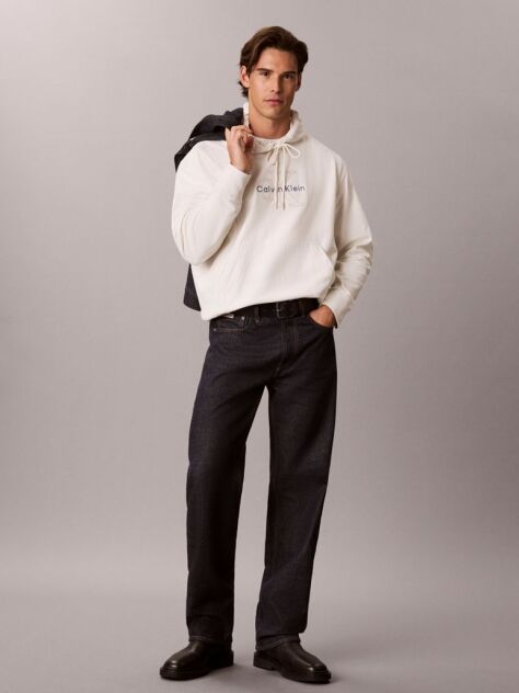 White Premium Terry Denim Logo Hoodie  Men